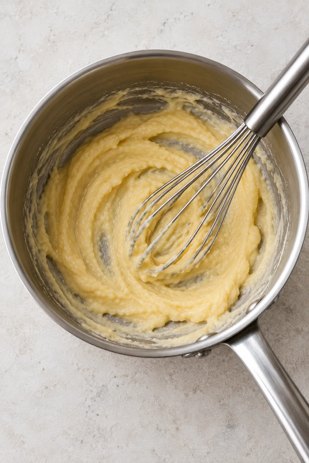 Butter and flour roux in a stainless steel saucepan with a whisk