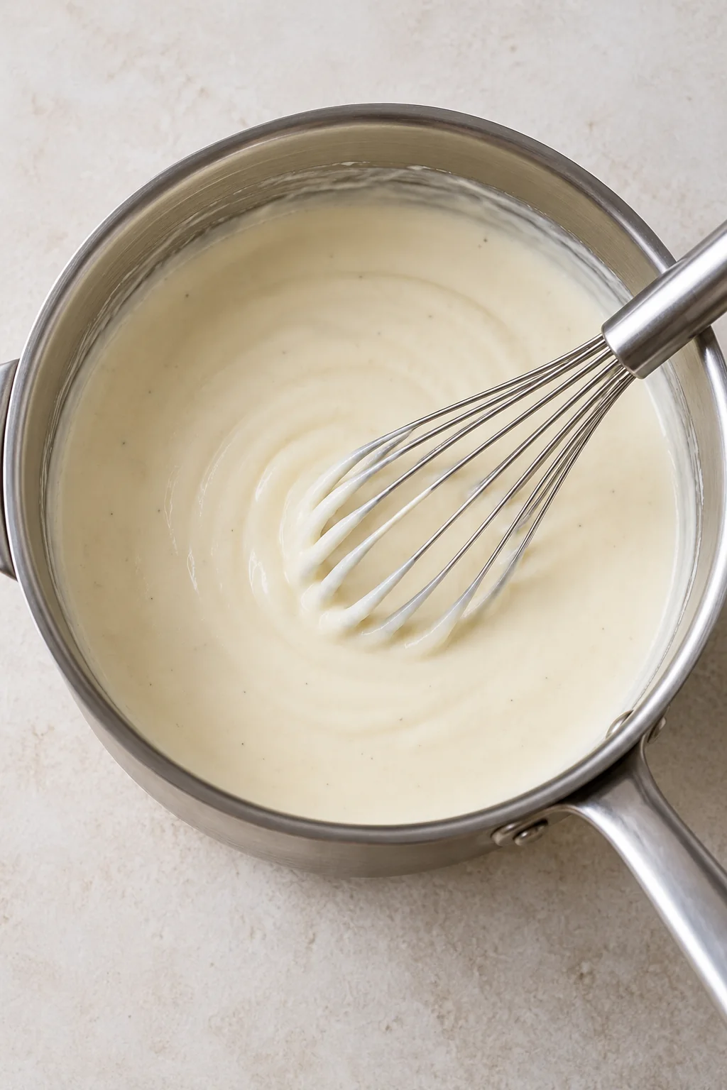 Smooth white milk and half-and-half sauce in a saucepan before adding cheese