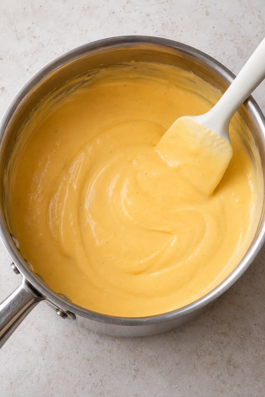 Smooth golden cheese sauce in a stainless steel saucepan