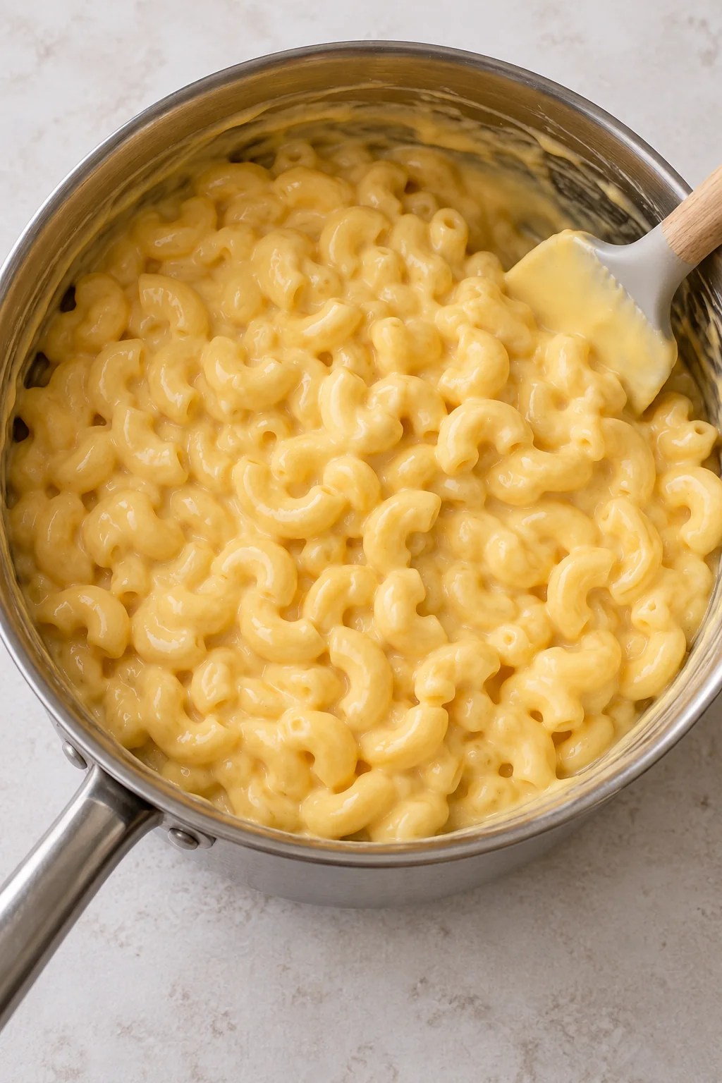 Elbow macaroni folded into creamy golden cheese sauce in a saucepan