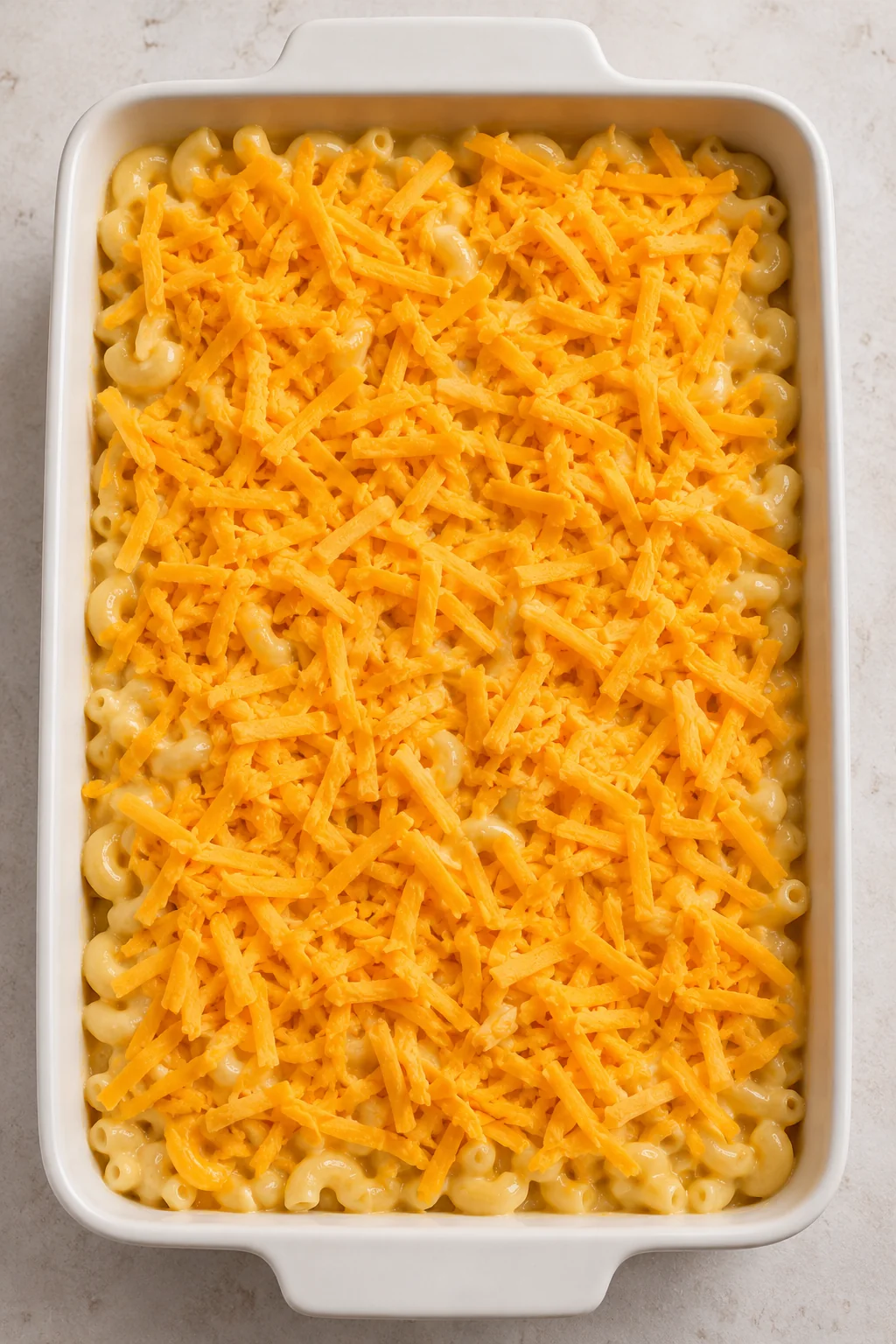 Unbaked macaroni and cheese topped with freshly grated cheddar in a rectangular dish