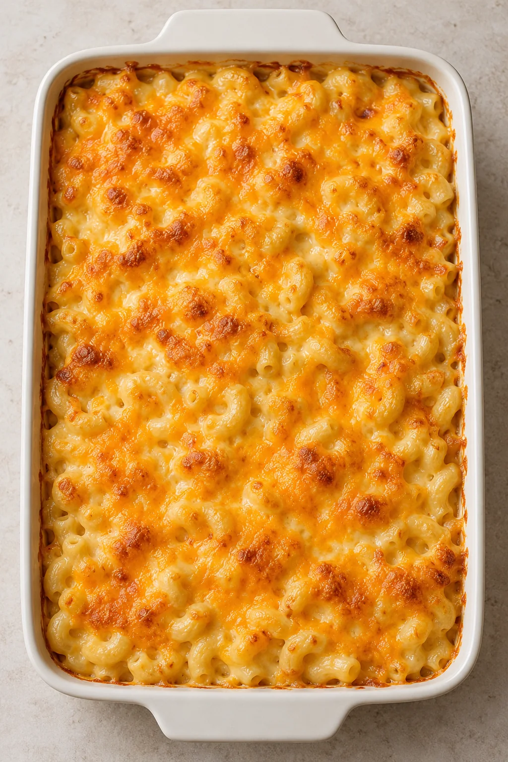 Overhead view of baked mac and cheese with melted cheddar and a golden top