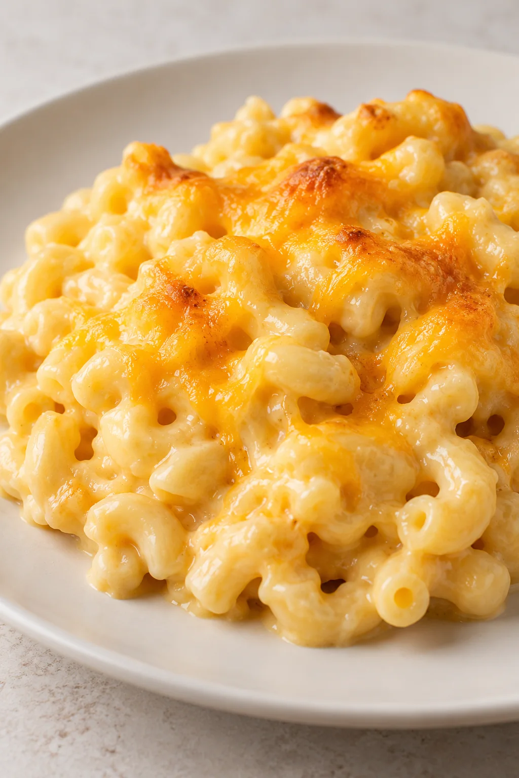 A loose serving of creamy elbow macaroni and cheese with golden cheddar on a white plate
