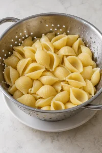 Cooked medium pasta shells draining in a stainless steel colander