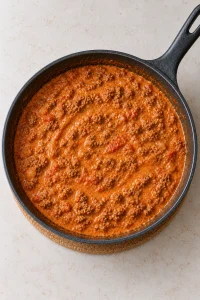 Ground beef in creamy orange-red tomato and cheese sauce before adding the pasta