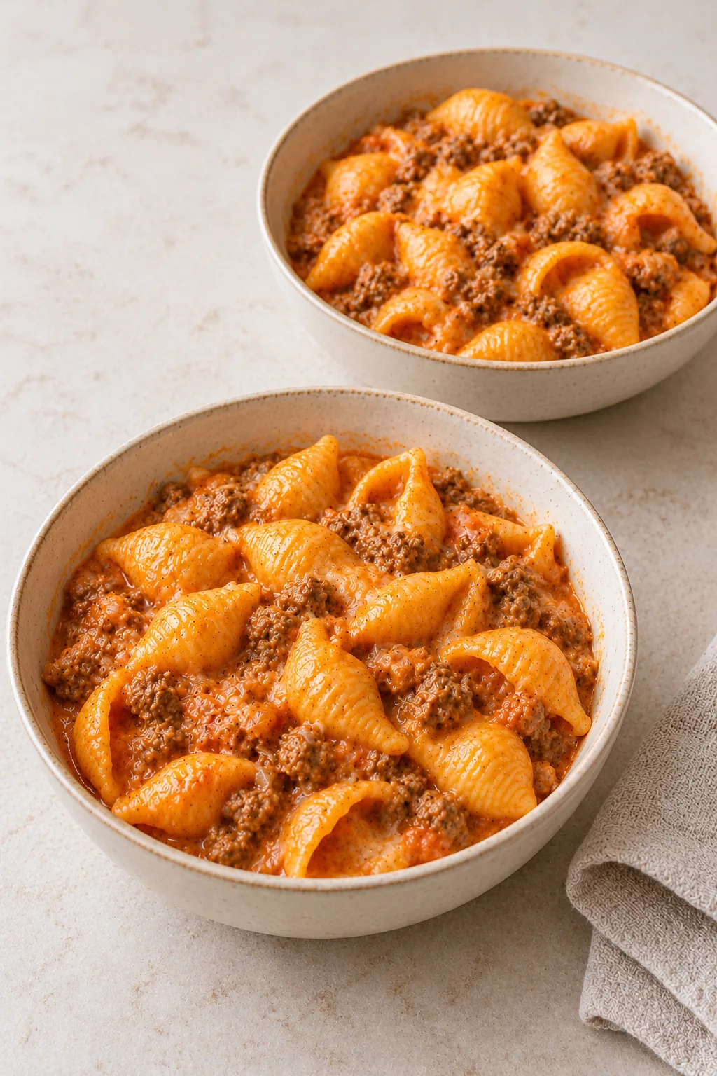 Two simple cream bowls of creamy beef and shells on a pale counter