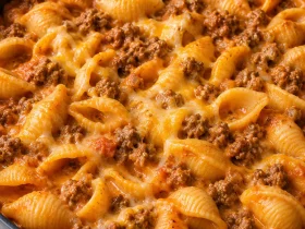 Creamy pasta shells and browned ground beef in a deep charcoal-gray skillet