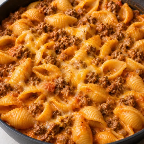 Creamy pasta shells and browned ground beef in a deep charcoal-gray skillet