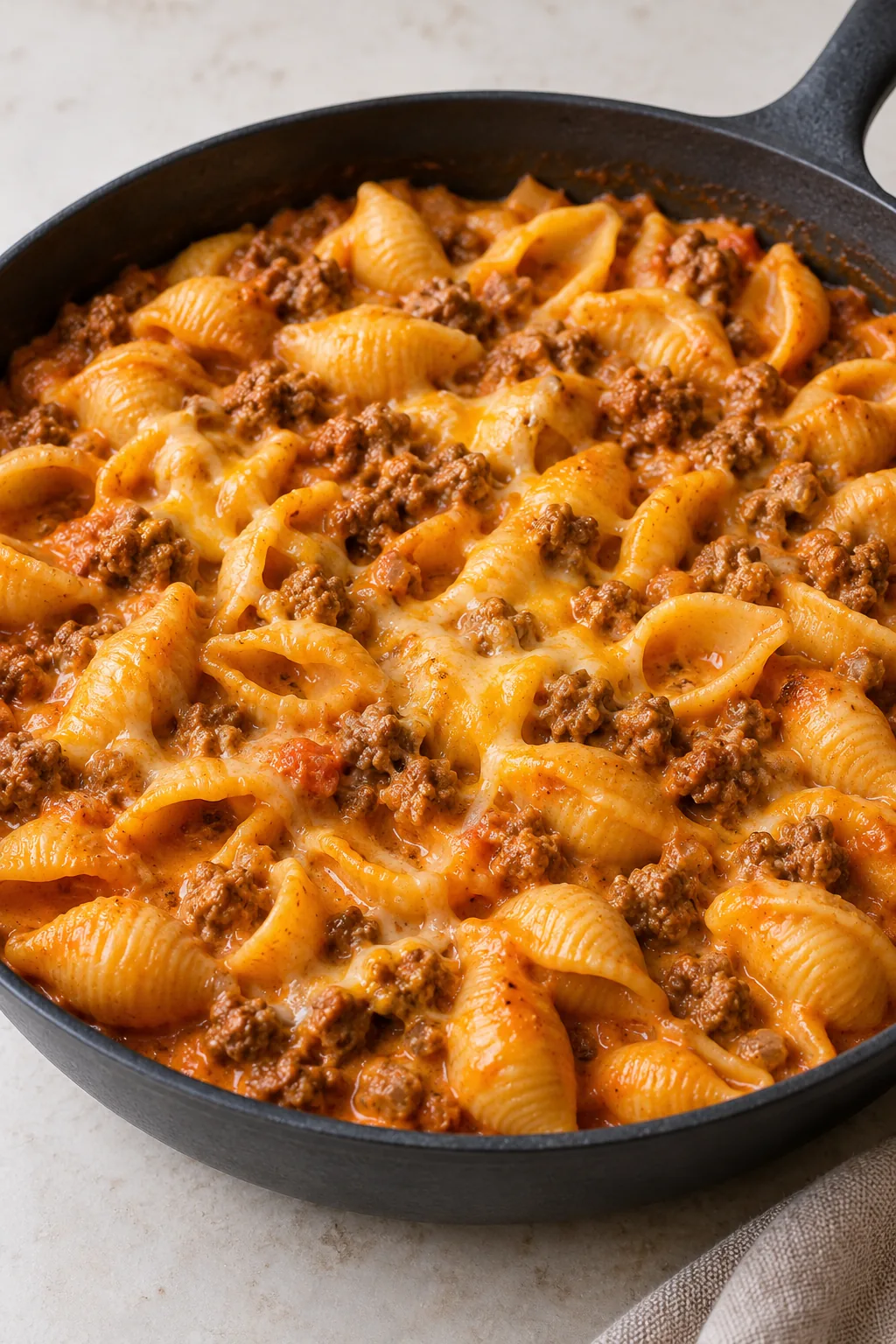 Creamy pasta shells and browned ground beef in a deep charcoal-gray skillet