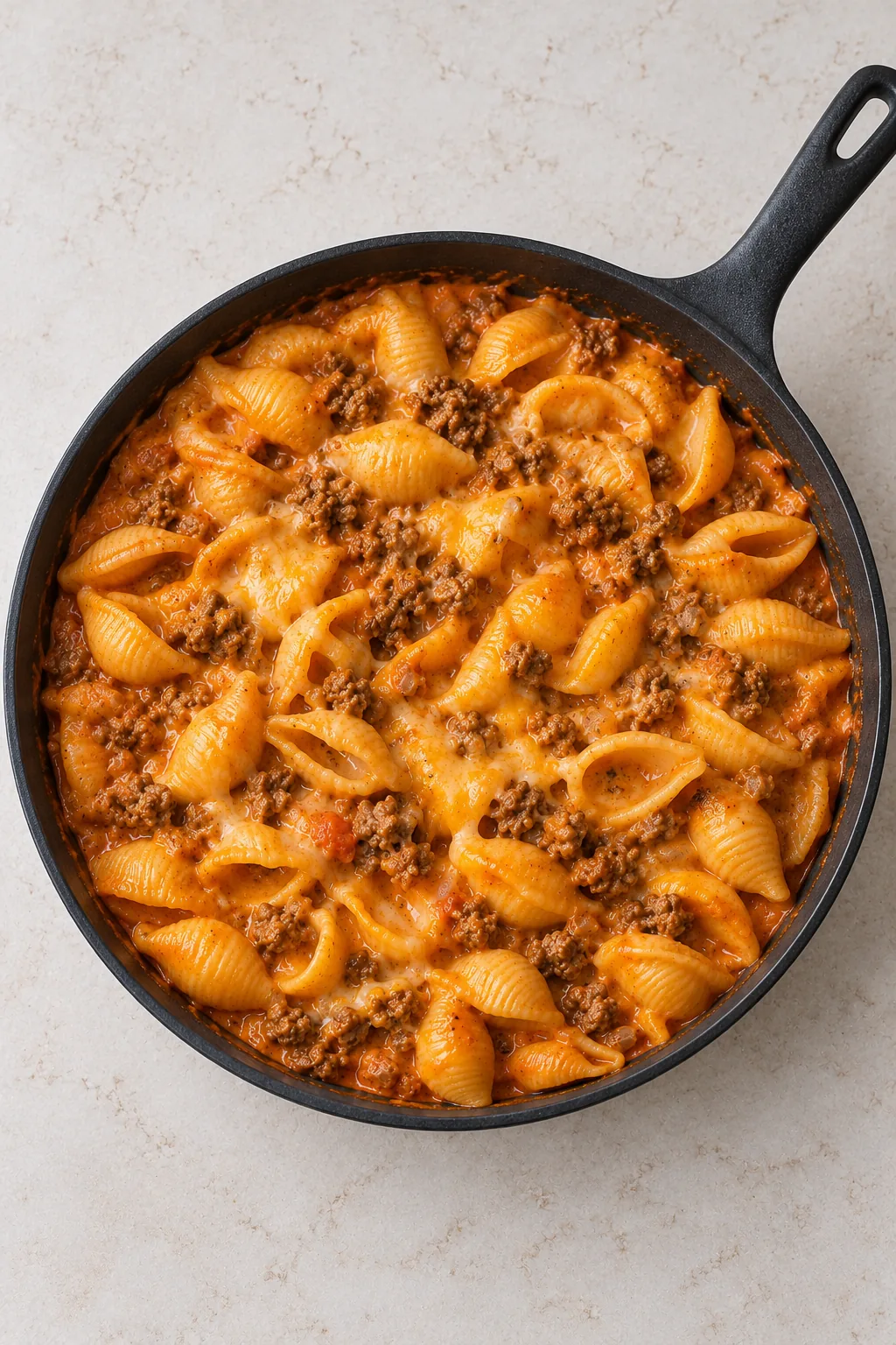 Overhead view of pasta shells coated in creamy beef and tomato-cheddar sauce