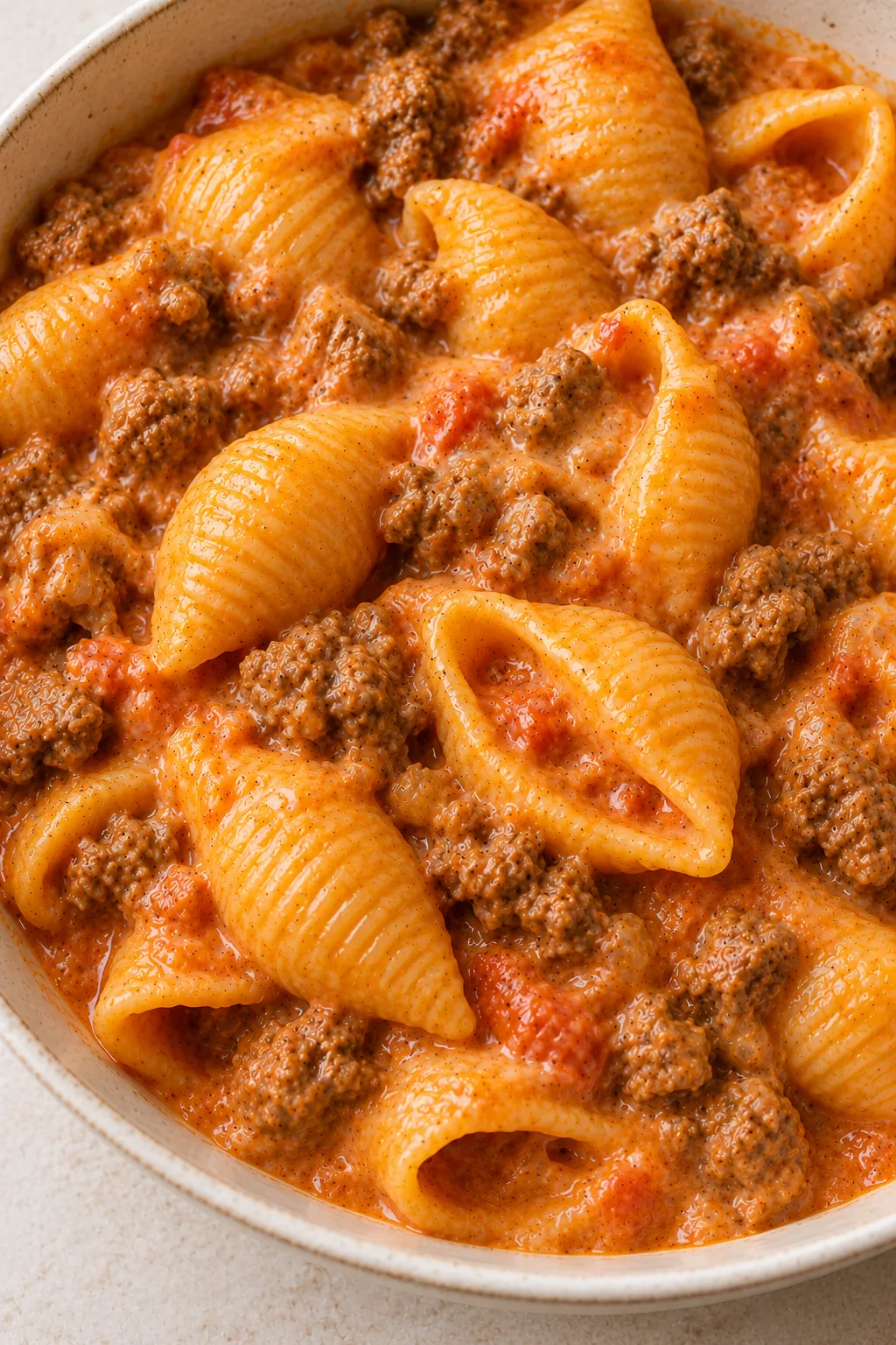 Close view of ridged pasta shells holding creamy tomato sauce and beef crumbles