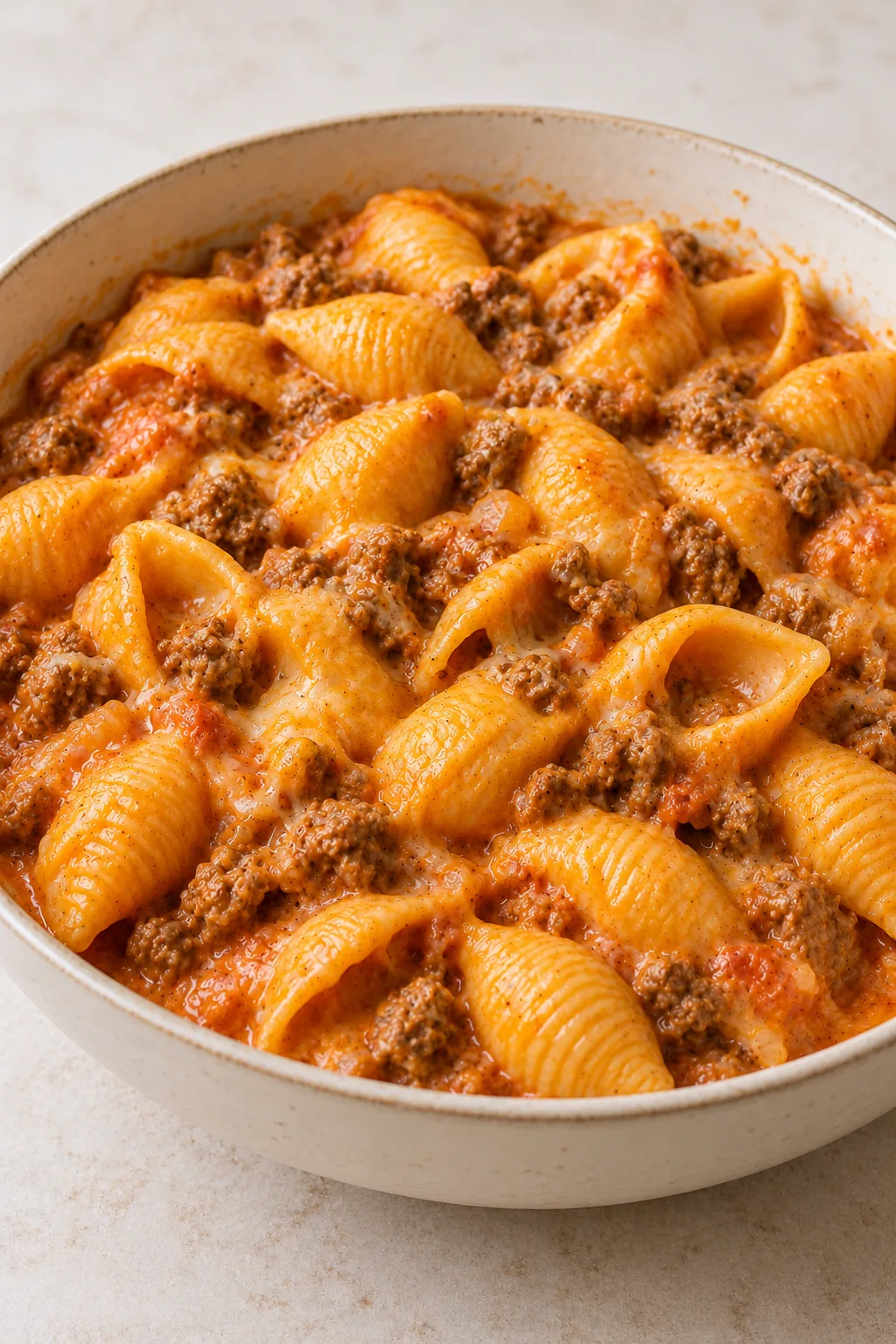 A cream bowl of medium pasta shells with ground beef and creamy cheese sauce