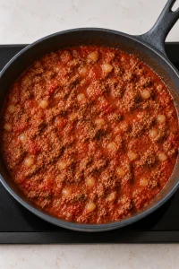 Ground beef simmering in red tomato sauce before the cream and cheese are added