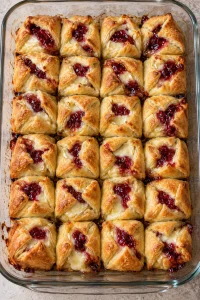 Puffed golden crescent Brie bites with softened cheese and jam after baking