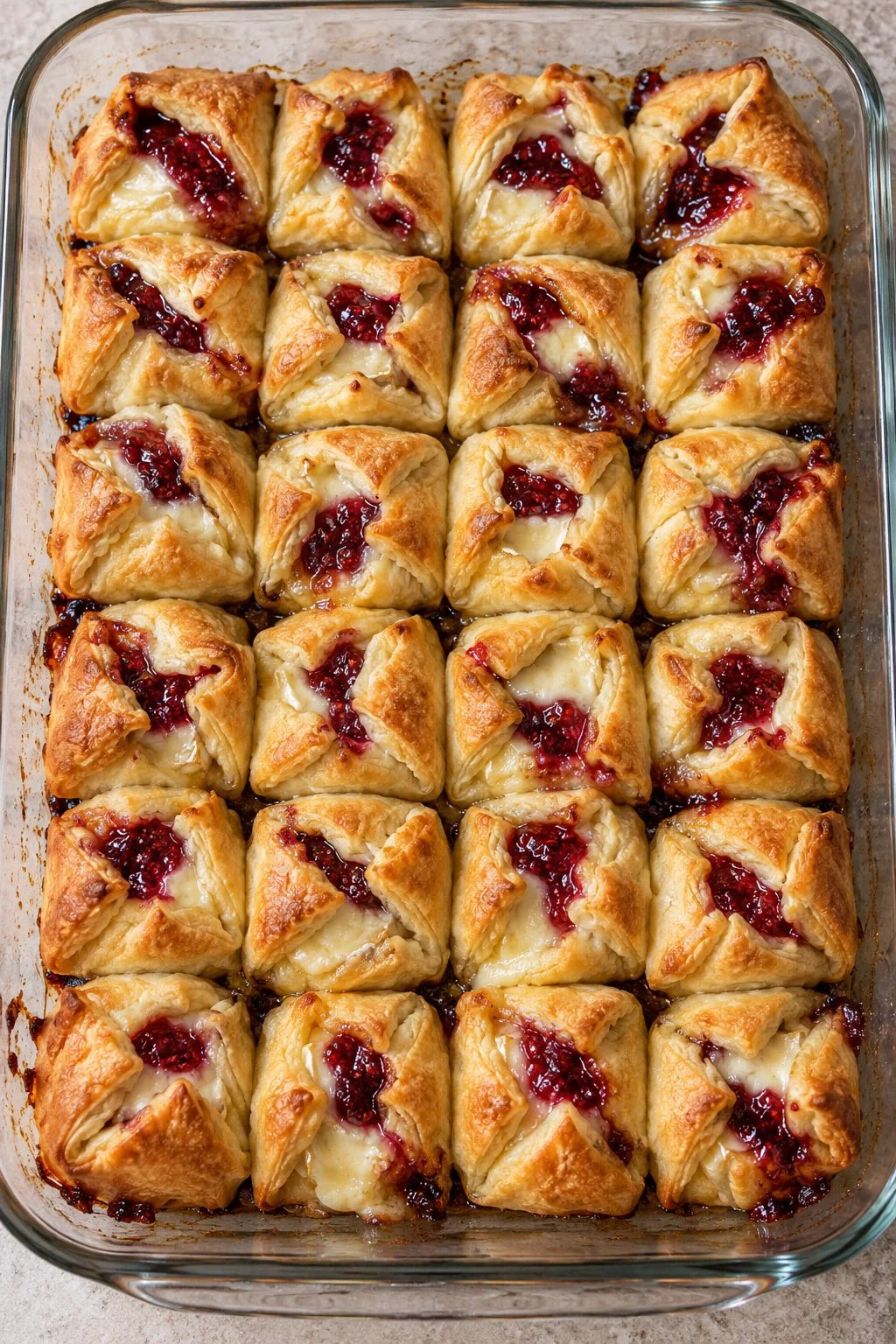 Puffed golden crescent Brie bites with softened cheese and jam after baking