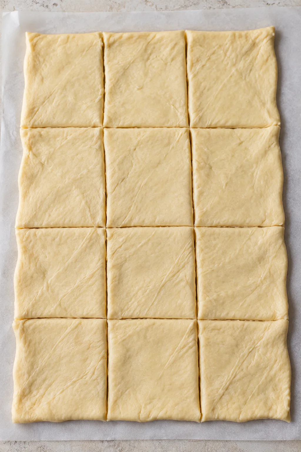 One rectangle of crescent dough cut into 12 pieces after sealing the seams