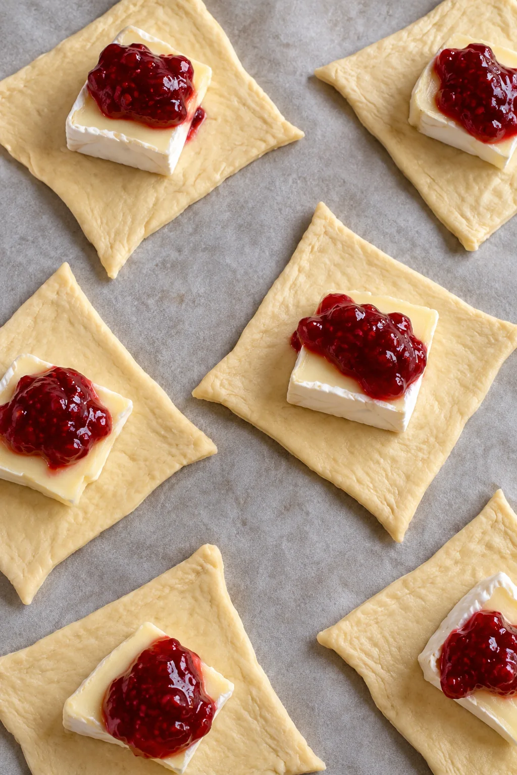 Raw crescent dough squares topped with Brie and small spoonfuls of raspberry preserves