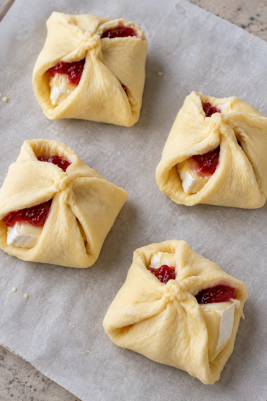 Unbaked crescent Brie parcels with their corners gently pinched around the filling