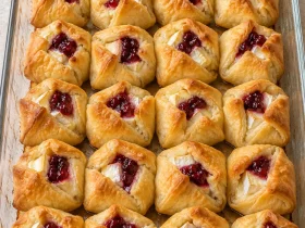 Golden folded crescent Brie bites with raspberry preserves in a glass baking dish