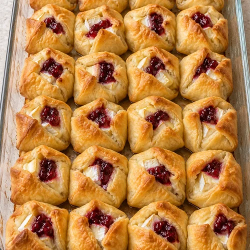 Golden folded crescent Brie bites with raspberry preserves in a glass baking dish