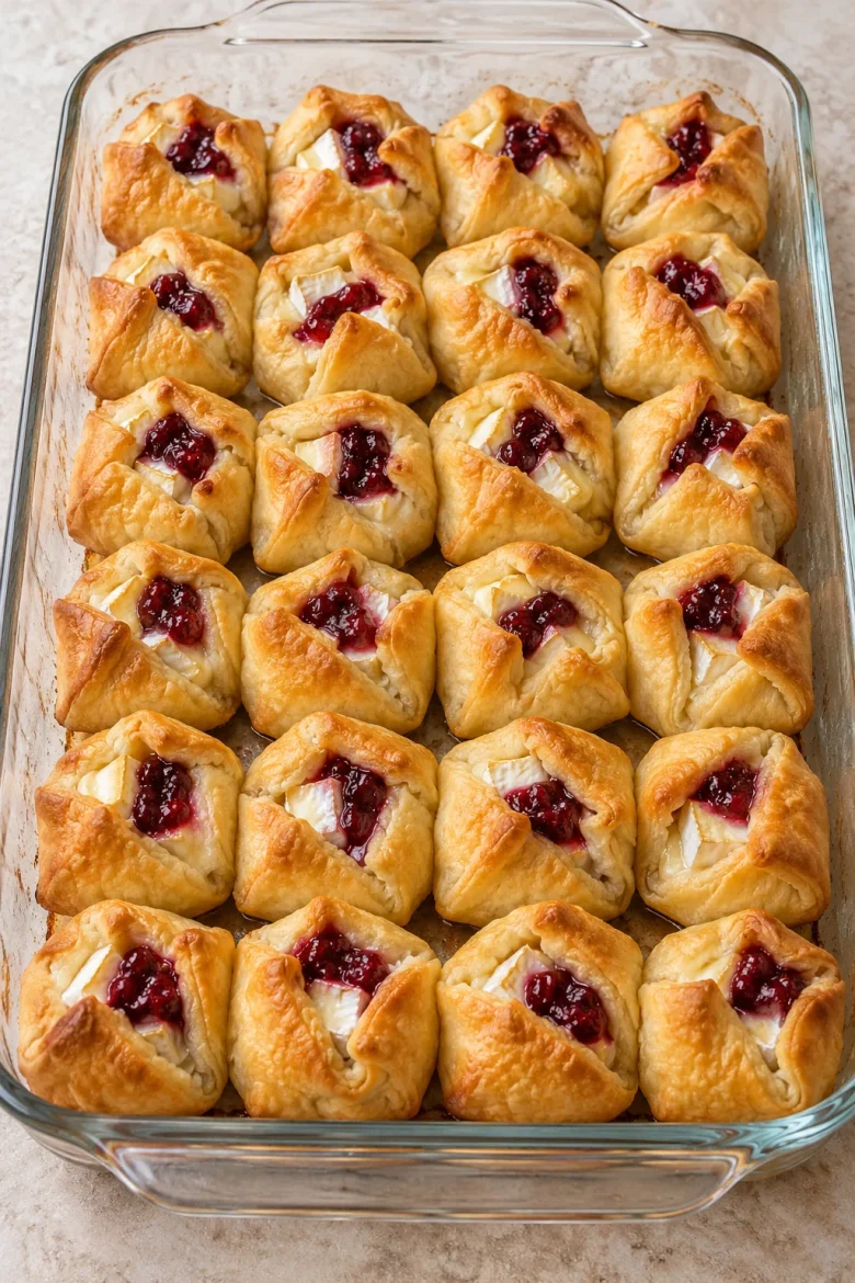 Golden folded crescent Brie bites with raspberry preserves in a glass baking dish