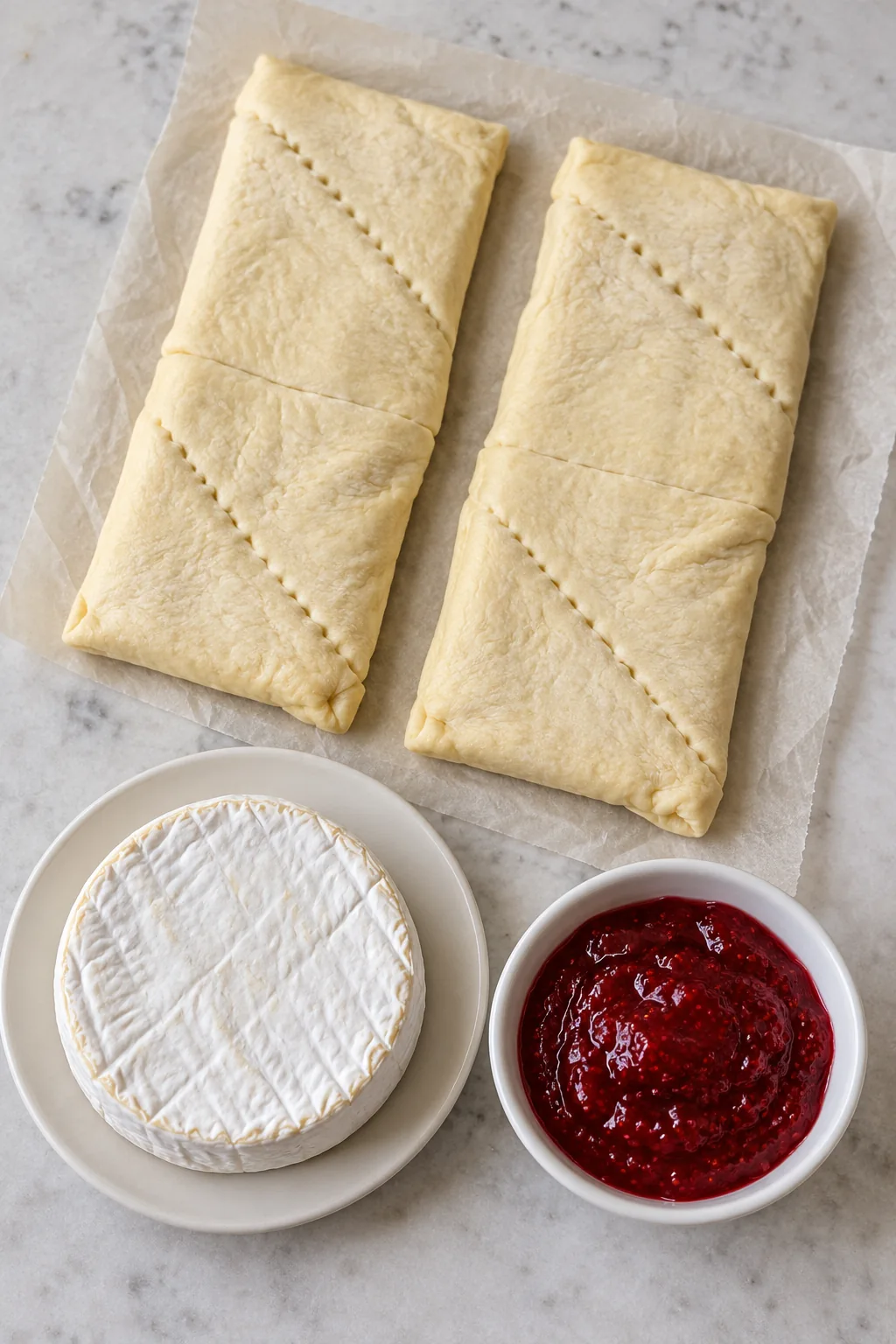 Crescent dough, a wheel of Brie, and raspberry preserves for Brie bites