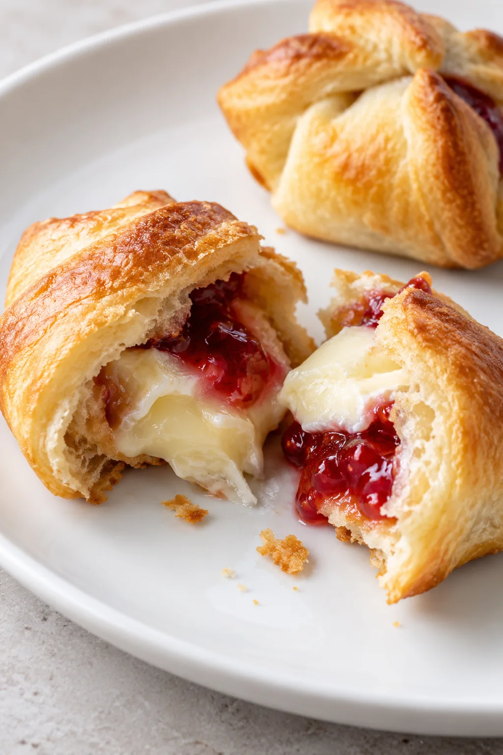 Opened crescent Brie bite showing creamy cheese and raspberry preserves inside golden pastry