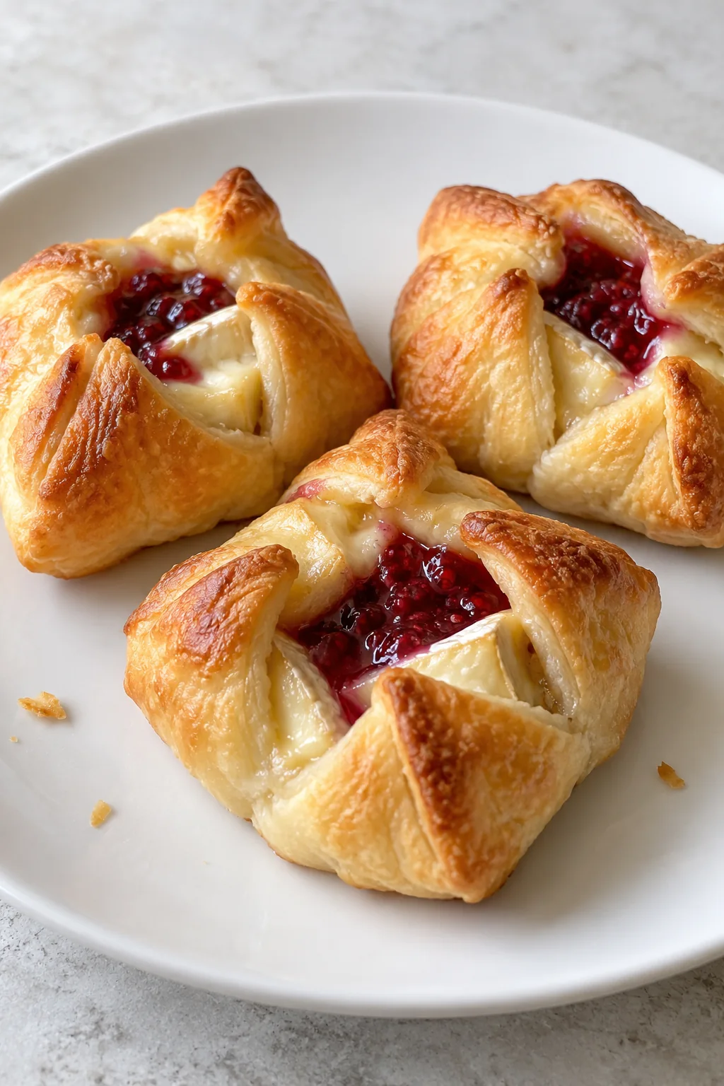 Warm crescent Brie bites with raspberry filling on a small white plate
