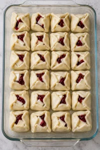 Twenty-four unbaked crescent Brie bites arranged in a glass baking dish
