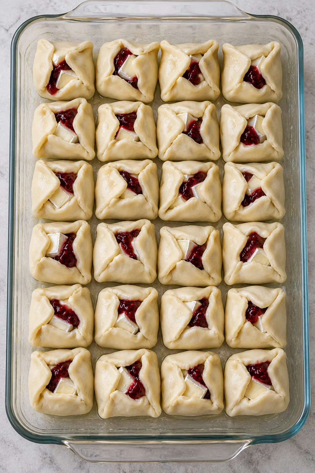 Twenty-four unbaked crescent Brie bites arranged in a glass baking dish