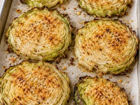 Golden Parmesan roasted cabbage steaks with browned leaf edges on a parchment-lined baking sheet