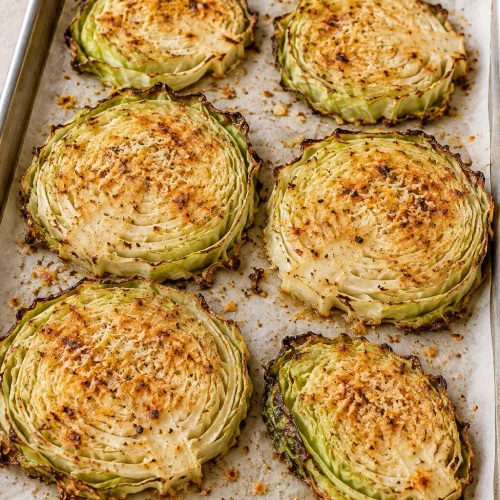 Golden Parmesan roasted cabbage steaks with browned leaf edges on a parchment-lined baking sheet