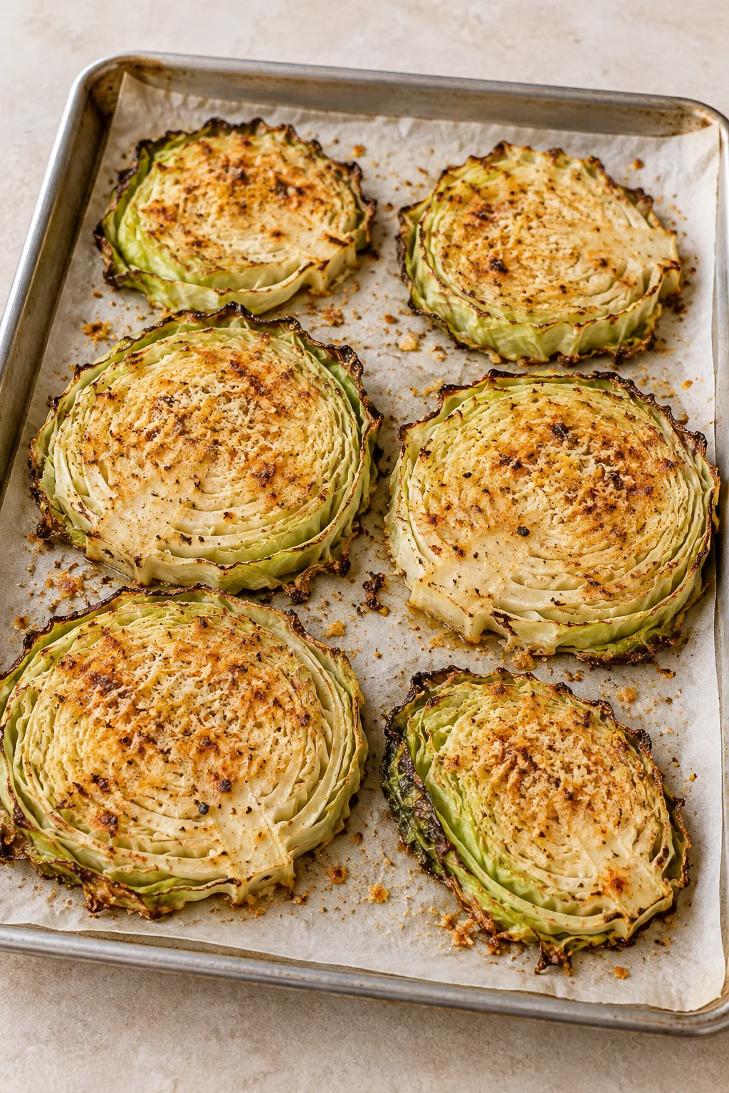 Golden Parmesan roasted cabbage steaks with browned leaf edges on a parchment-lined baking sheet
