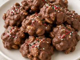 Whole chocolate peanut clusters with red, green, and white sprinkles on a plate