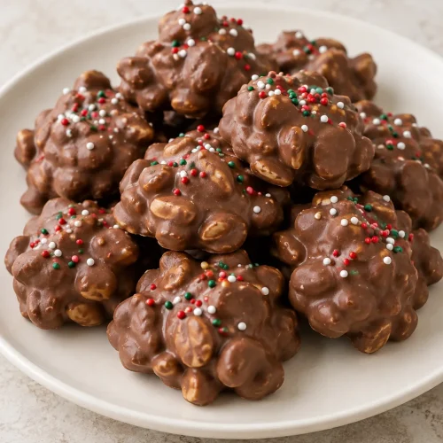 Whole chocolate peanut clusters with red, green, and white sprinkles on a plate