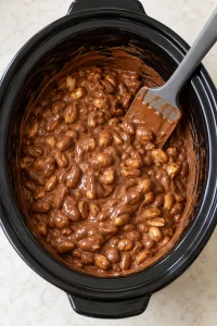 Peanuts evenly coated in smooth melted chocolate in a slow cooker
