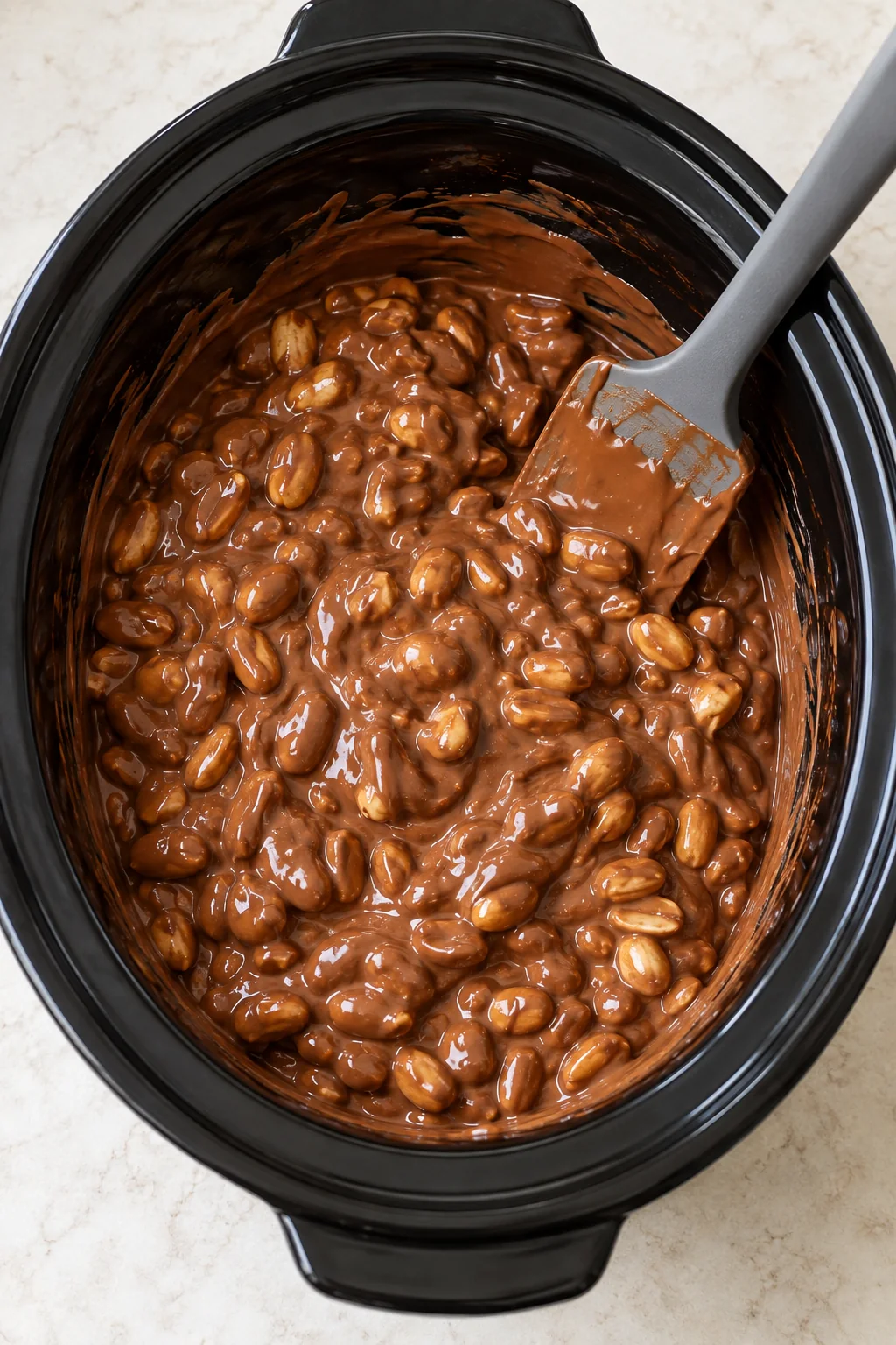 Peanuts evenly coated in smooth melted chocolate in a slow cooker