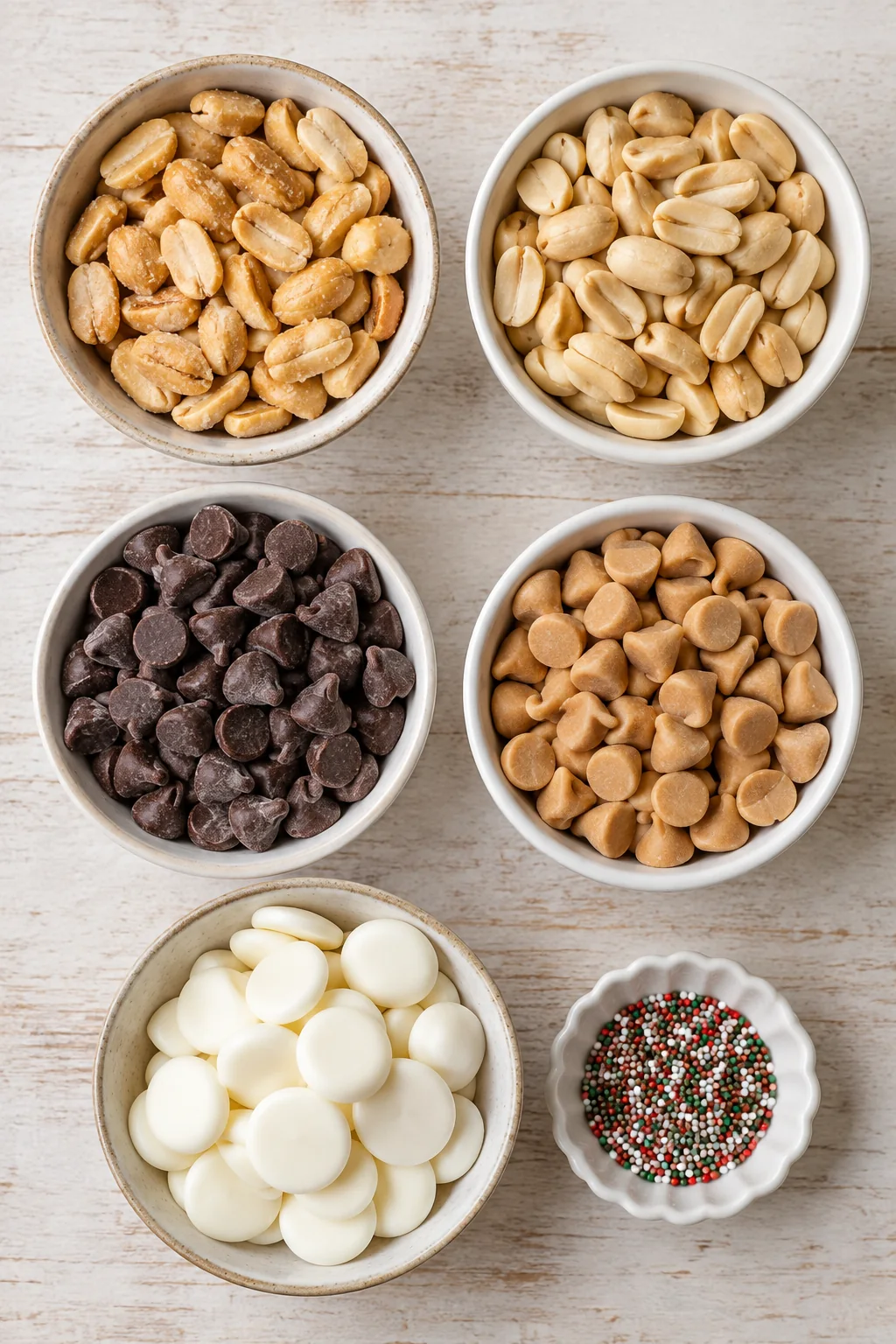 Salted and unsalted peanuts, chocolate chips, peanut butter chips, white wafers, and sprinkles
