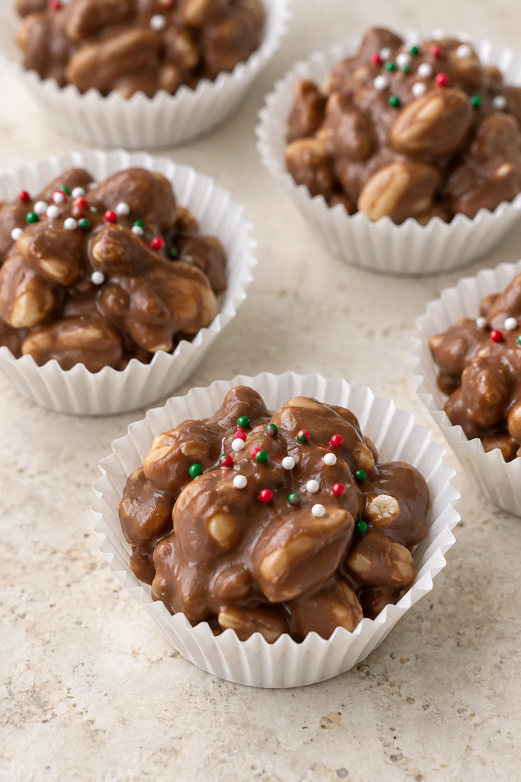 Chocolate peanut clusters portioned in plain white mini cupcake liners