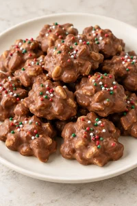 Close view of set chocolate peanut clusters with a bumpy coating