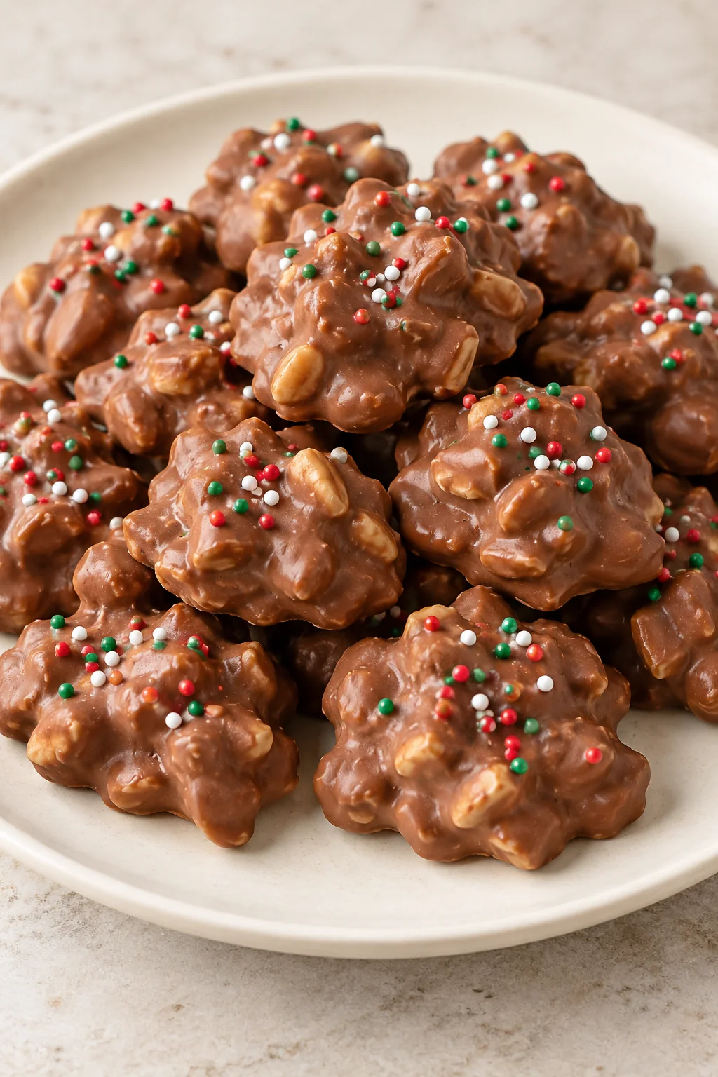 Close view of set chocolate peanut clusters with a bumpy coating