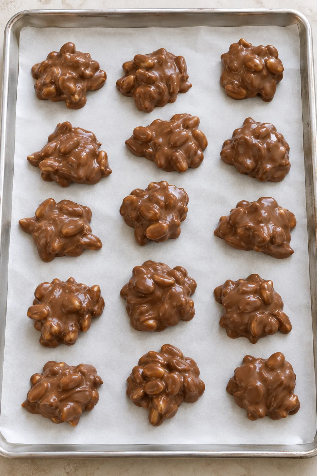 Fresh spoonfuls of chocolate peanut mixture on parchment before decorating