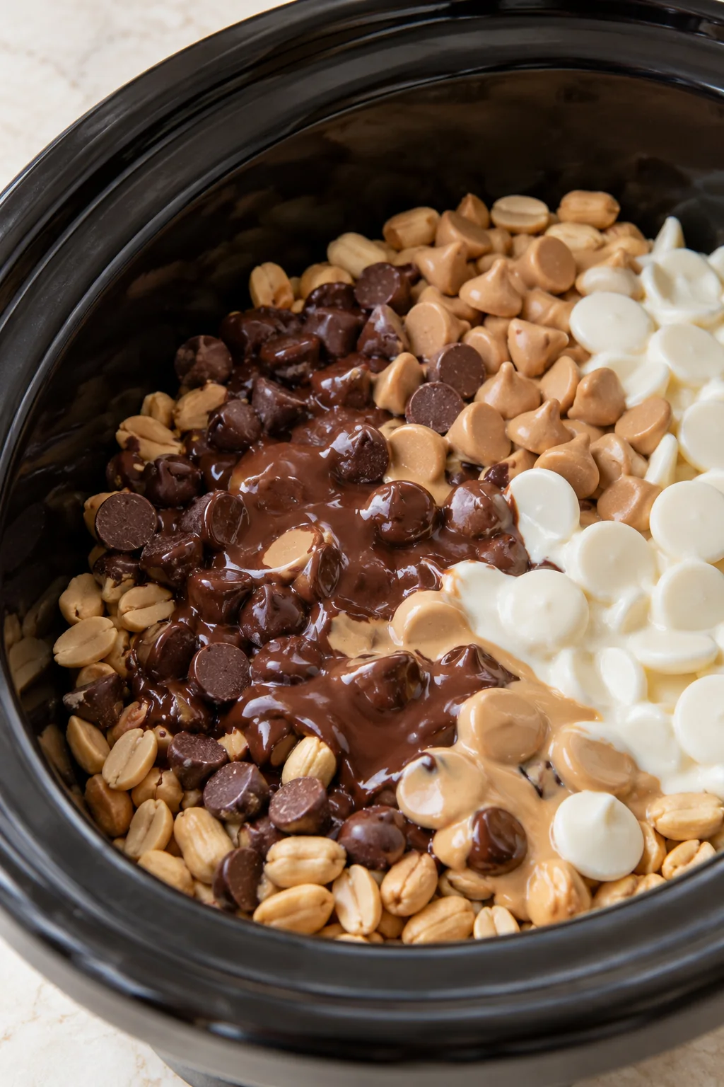 Chocolate chips and wafers softening over peanuts in the slow cooker