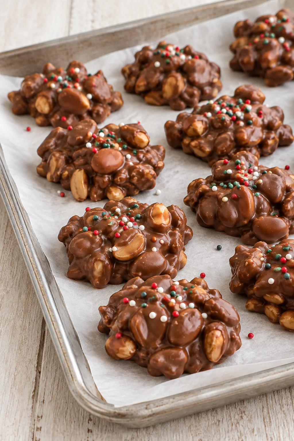 Chocolate peanut clusters topped with small red, green, and white sprinkles