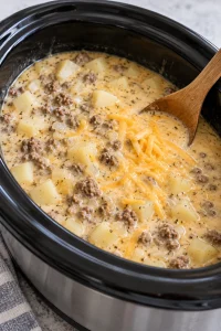 Shredded cheddar melting into the creamy potato and beef soup.