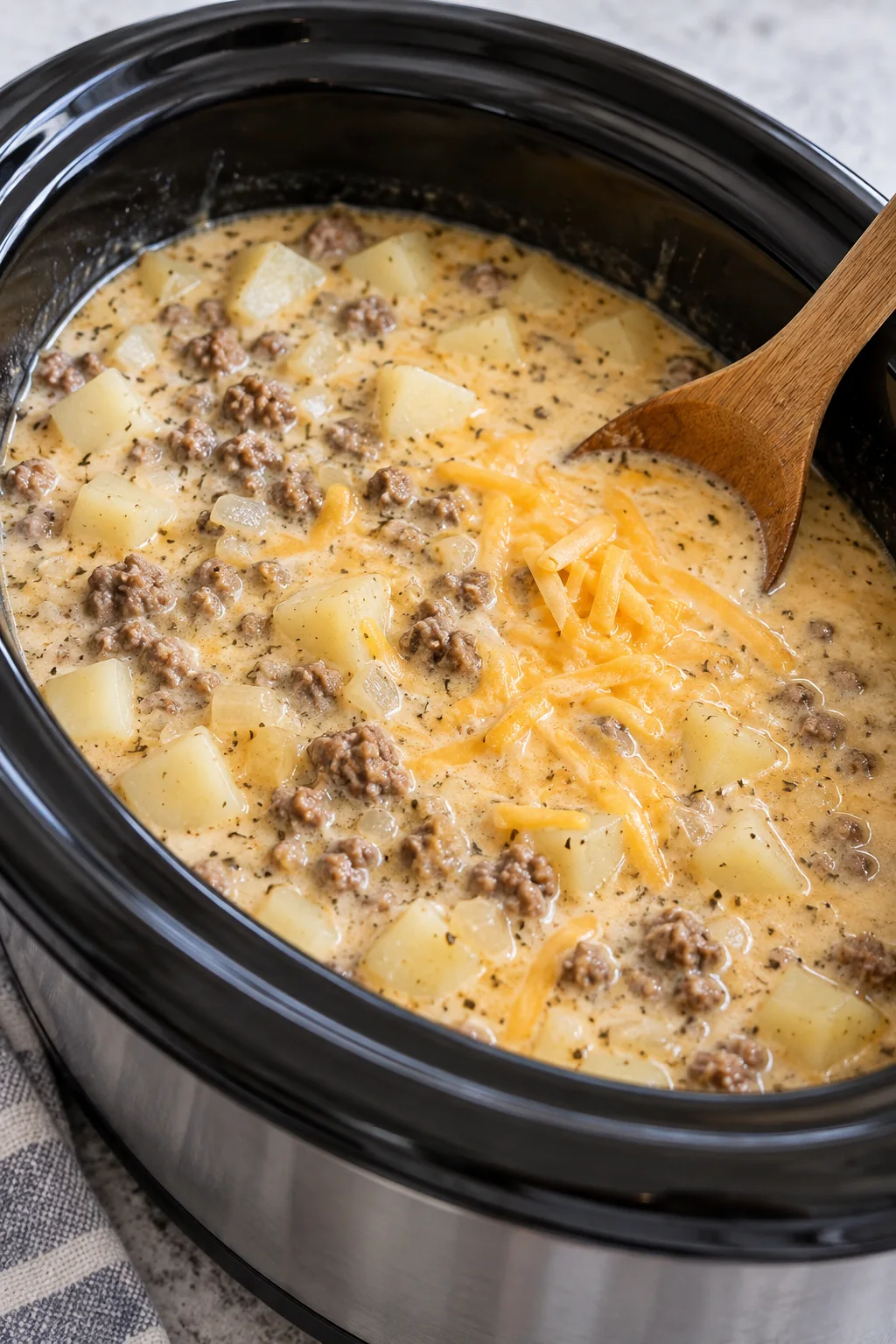 Shredded cheddar melting into the creamy potato and beef soup.