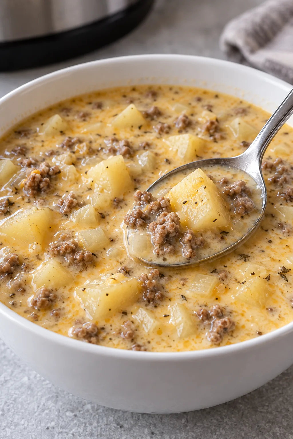 Close view of tender potatoes and ground beef in the creamy cheddar broth.