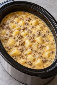 Finished creamy potato and hamburger soup in the slow cooker.