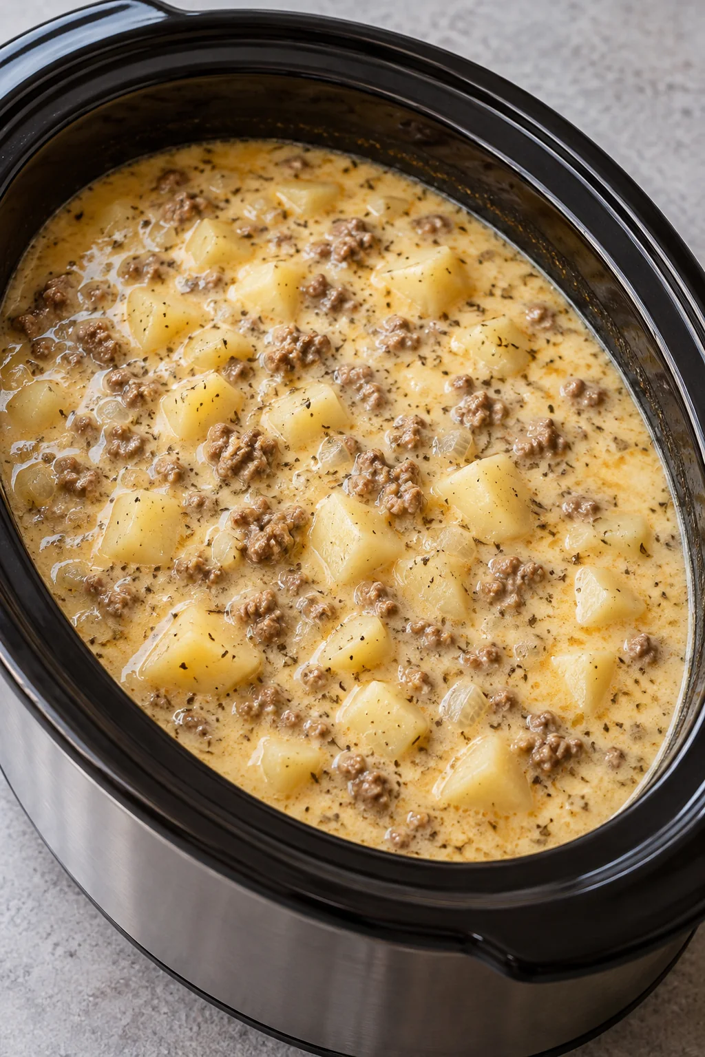 Finished creamy potato and hamburger soup in the slow cooker.