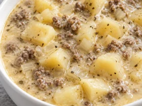 Creamy potato and hamburger soup with tender potato cubes and ground beef in a bowl.